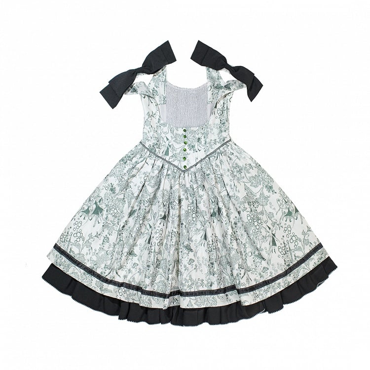 Basque Lolita Bust Jumper Skirt Under Waist Straps Shoulder Green Bowknot