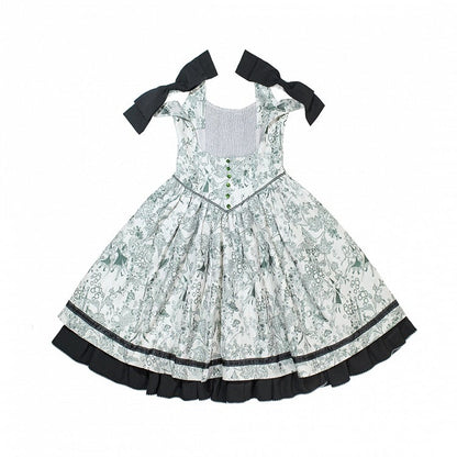 Basque Lolita Bust Jumper Skirt Under Waist Straps Shoulder Green Bowknot