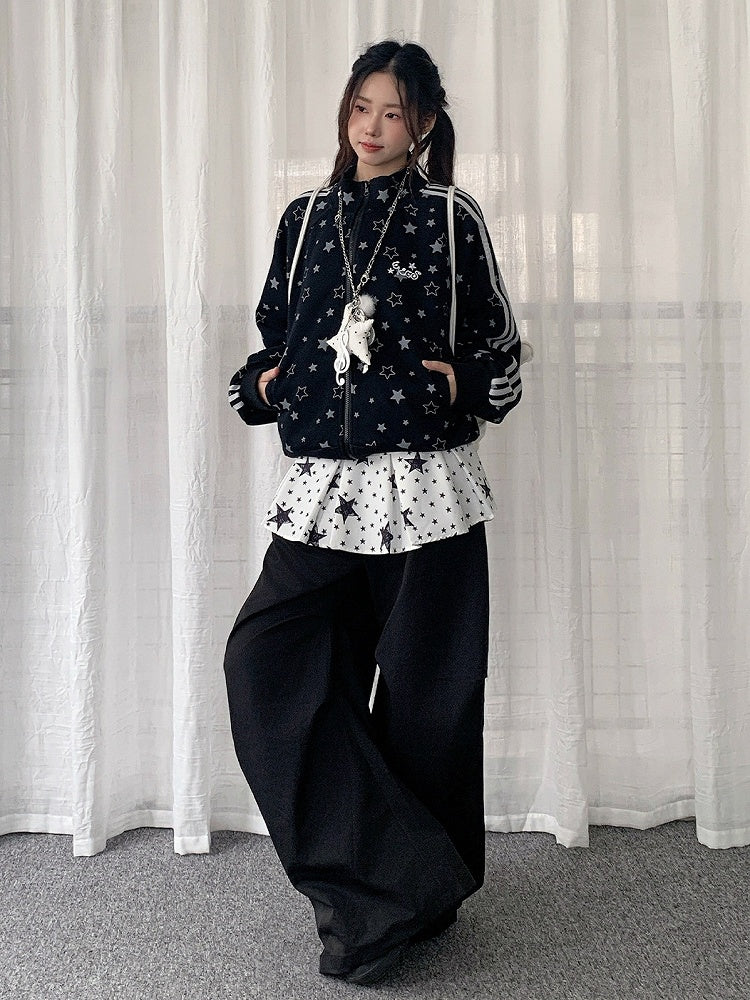 Patchwork Black Pants with Star-patterned Design Y2K Pull-on Skirt Wide-leg