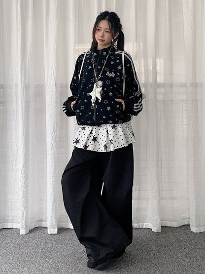 Patchwork Black Pants with Star-patterned Design Y2K Pull-on Skirt Wide-leg