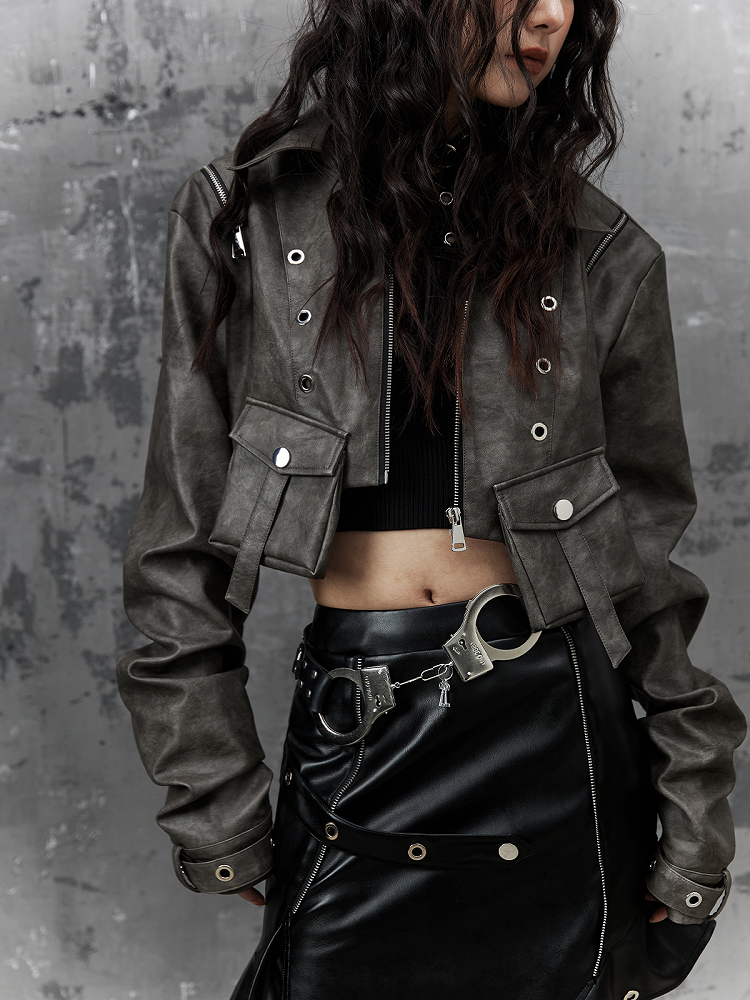 Punk Accent Gray Distressed Pocket - Jacket Cropped Dark Design