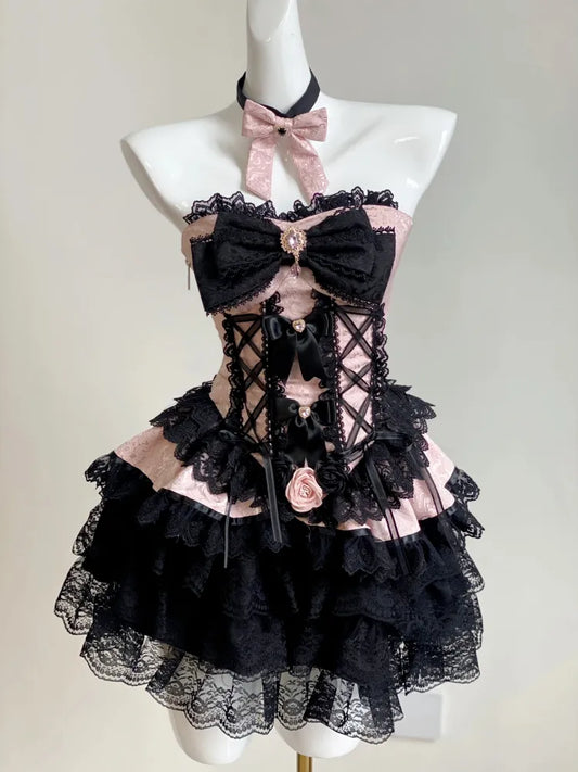 Black and Pink Lace-up Princess Strapless Corset Top / Black Lace Bloomers