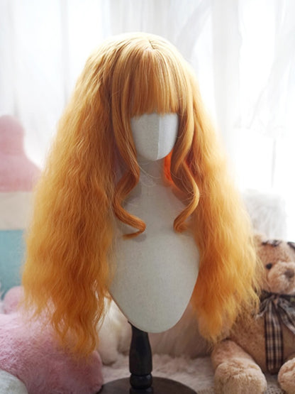 Hellblond/Milchweiß/Orange/Rot, lange, gewellte Perücke mit vollem Pony