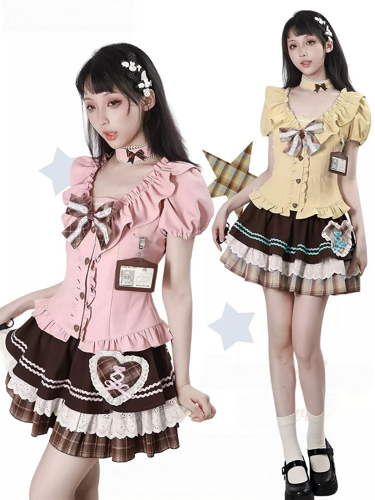 Sweet Kawaii Pink Puff Sleeve Waist-Cinching Blouse with Ruffles, Bow, and Choker Set - PINK SAVIOR