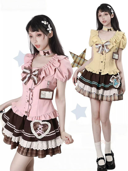Sweet Kawaii Pink Puff Sleeve Waist-Cinching Blouse with Ruffles, Bow, and Choker Set - PINK SAVIOR