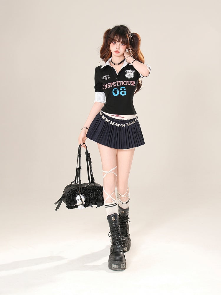 Polo T-Shirt: Numbers Lettering Black Graphic Print Collar with