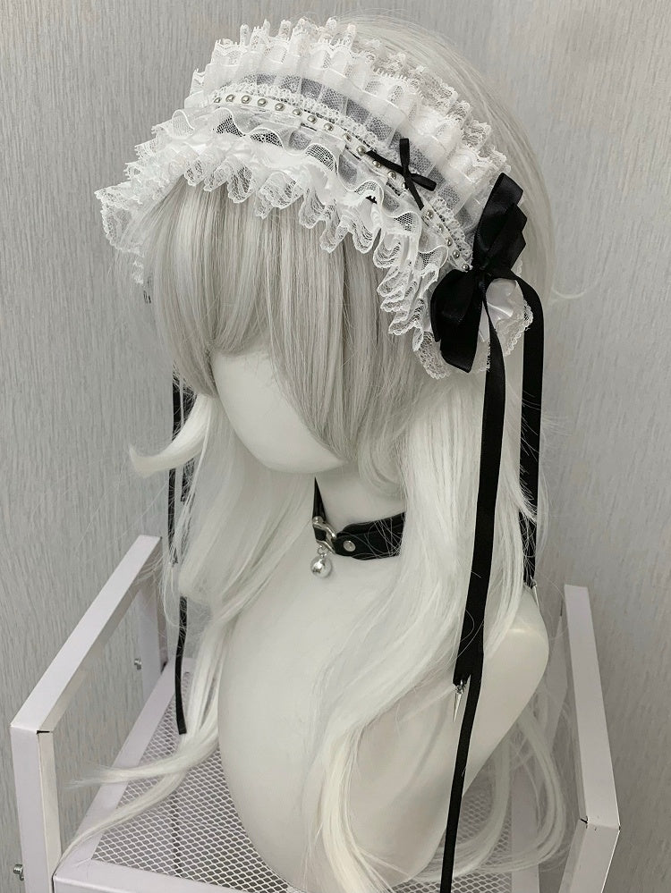 Details Decorated Hairband Ruffled Black/White Bowknot Studs