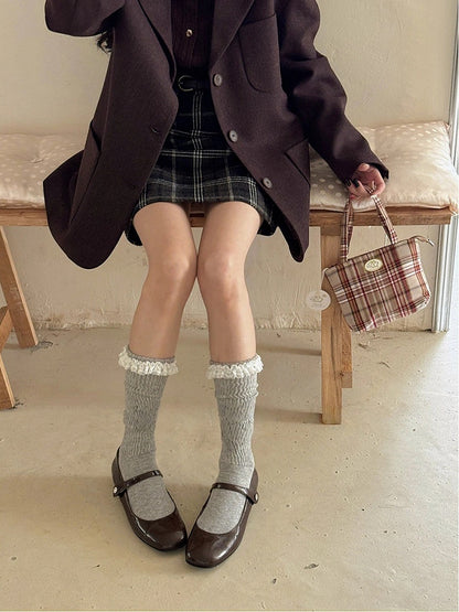 with Cuffs Socks Calf Ribbed Ruffled Lace