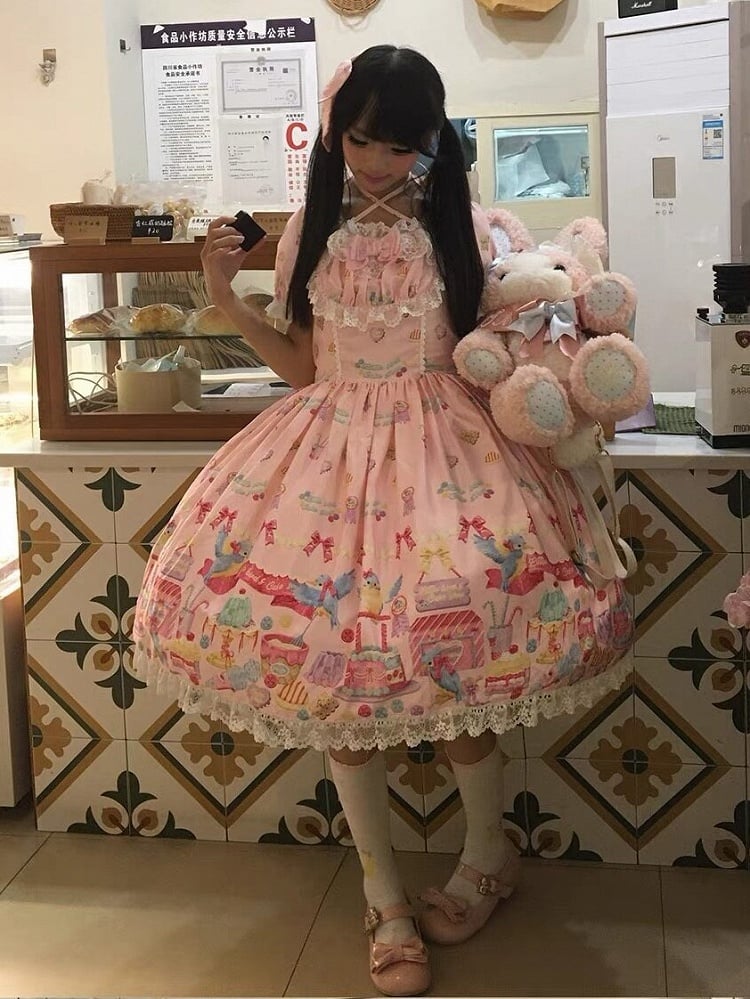 Pink Puff Sleeve Halter Lolita OP Full Set with Dessert and Bird Print, Hairband, Baby Hat, Wrist Cuffs and Bow Hair Clip - Good Night Meow