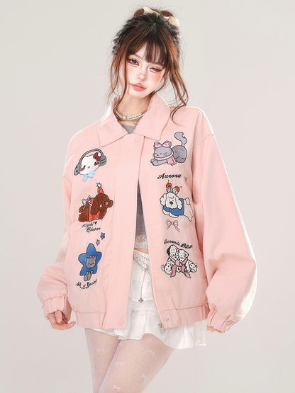 Pink/Apricot Cute Animal Zip Placket Baseball Jacket