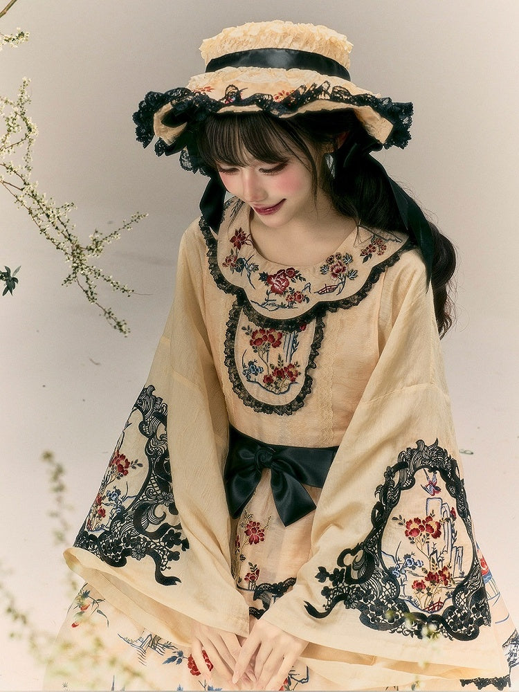 Beige Cheongsam Lolita Long Sleeve Embroidered Shirt - Yimu Walnut