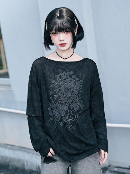 Black Detachable Sleeve UV Tee with Sea Lily Print - Quirky Hut