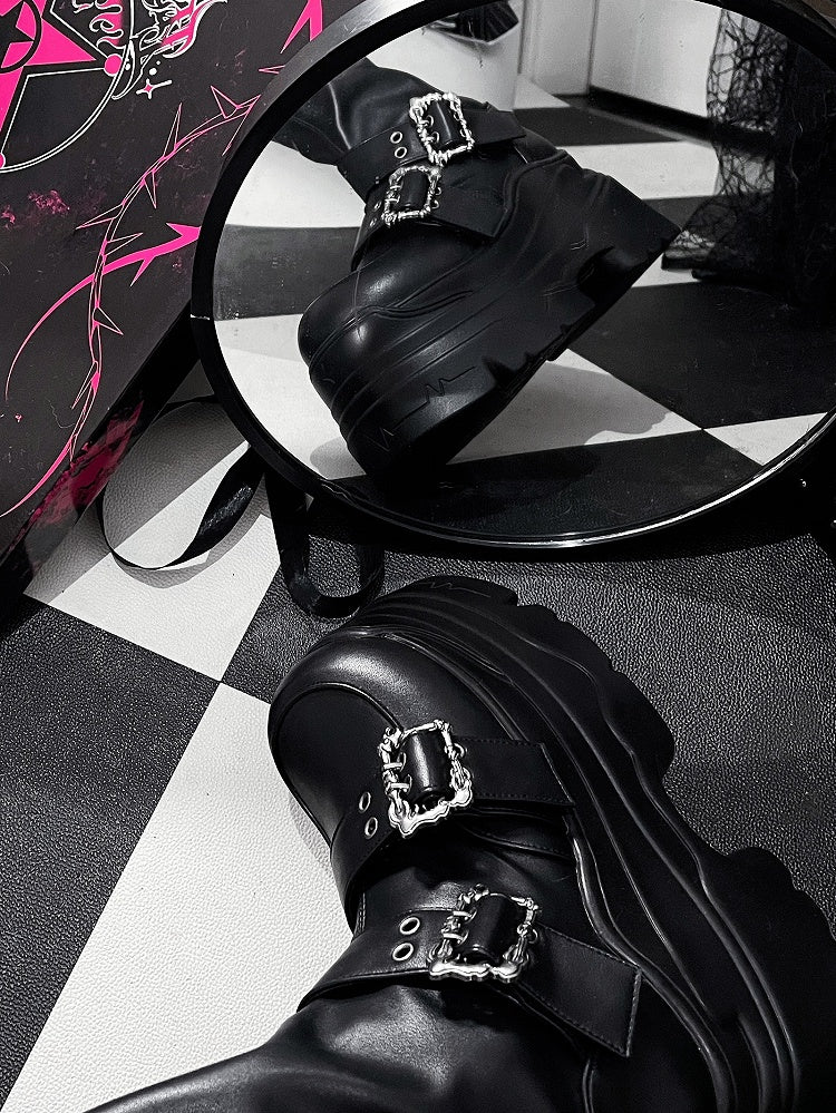 Zipper Boots Knee Platform High Decorative Black - Buckle Punk Matte Side Details Inner