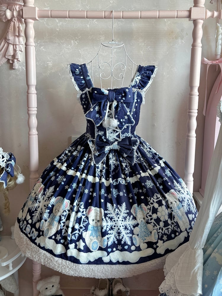 Teddy and Snowflake Print Dark Blue Winter Sweet Lolita Dress with Fleece Hemline