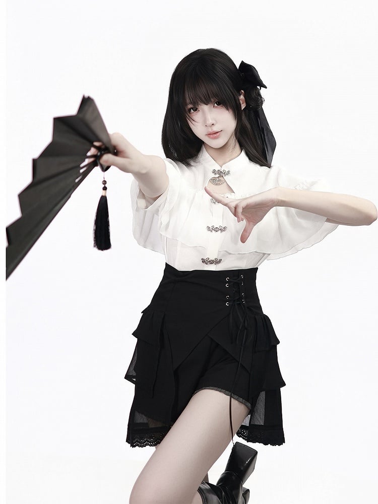 Black Ruffled Hem Shorts in Oriental Style - PINK SAVIOR
