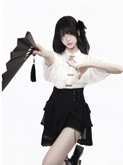 Black Ruffled Hem Shorts in Oriental Style - PINK SAVIOR