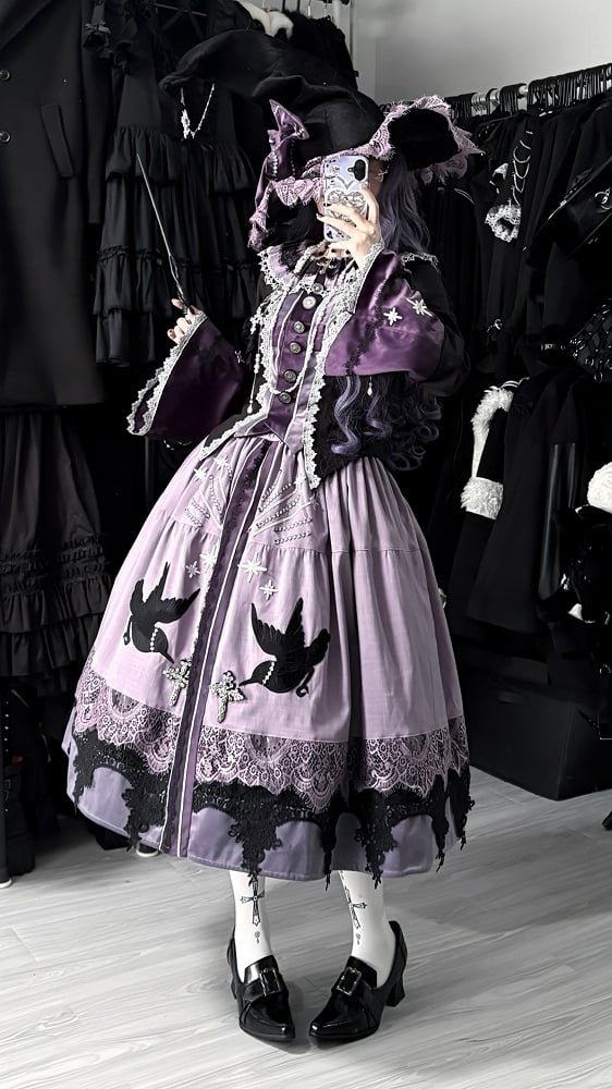 Purple Long Black Skirt Crow Patch Lolita Set + Top Wicthy Gothic