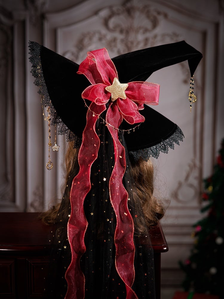 Red Ribbon Bow Christmas Fancy Witch Hat with Optional Shiny Veil and Stars Chain