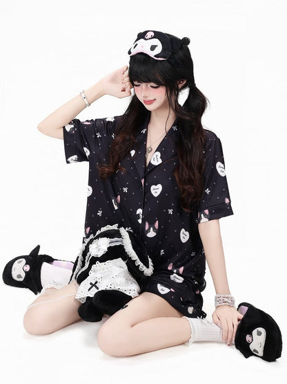 Black Cute Otaku Kitten Print Short Lounge Wear Two-Piece Set - Short-Sleeve Top + Shorts - CRAZY GIRL