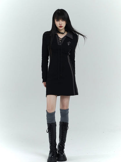 Gothic Black Short Version Dress with Lace-up Detail at Front