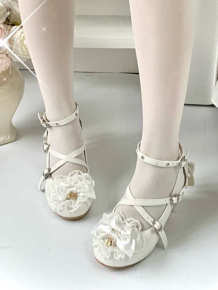 Heart Lolita - Mary Sweet Block Closure High Heel Janes White with Rhinestone