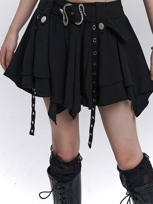 ブラックサーペンタインベルト付きアシンメトリーヘムティアードスカート