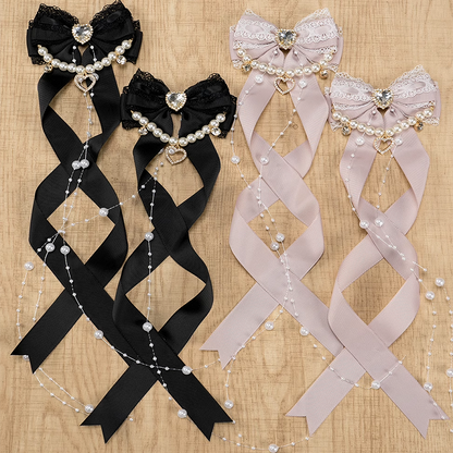 Rhinestone Bow Hairclips with Beaded Chains 5 Colors Jirai Kei Heart