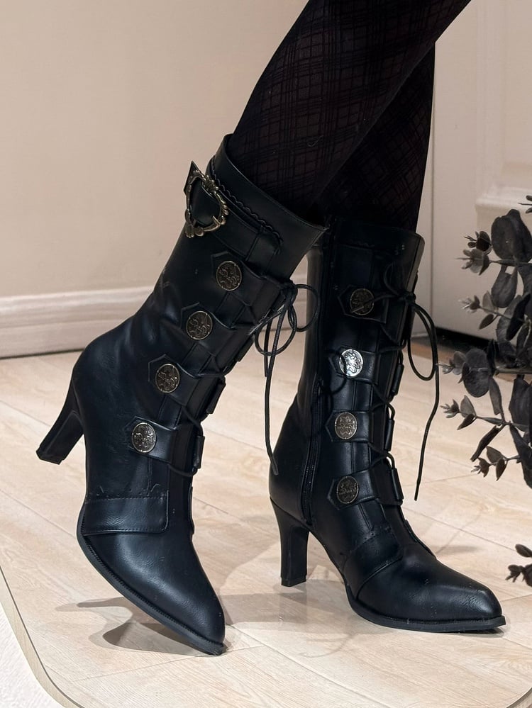 Lace-Up Pointed Leather Buckle Mid-Calf Boots Toe Elegant Embellishments - with Heels Lolita PU and Black