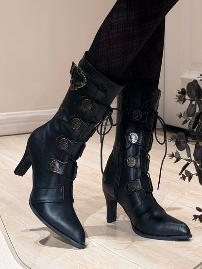 Schnürstiefel mit spitzer Spitze und Schnalle aus Leder, halbhohe Stiefel, elegante Verzierungen – mit Absätzen, Lolita PU und Schwarz