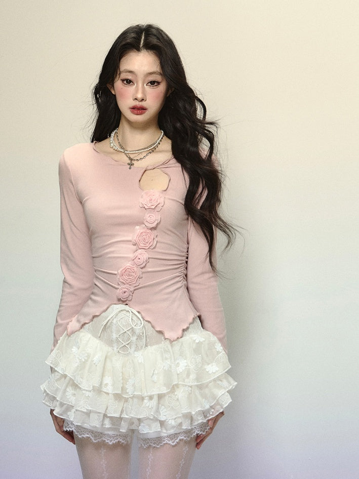 Gestricktes Detail Halsausschnitt Blumen verziert Cutout Top Rosa Rund Glamorous