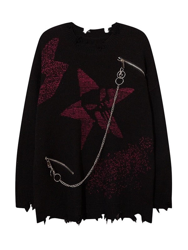 and Black/Gray Distressed Knit Sweater with Zipper Chain Detail