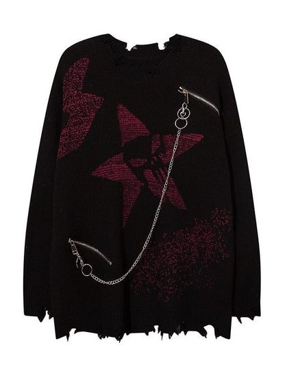 and Black/Gray Distressed Knit Sweater with Zipper Chain Detail