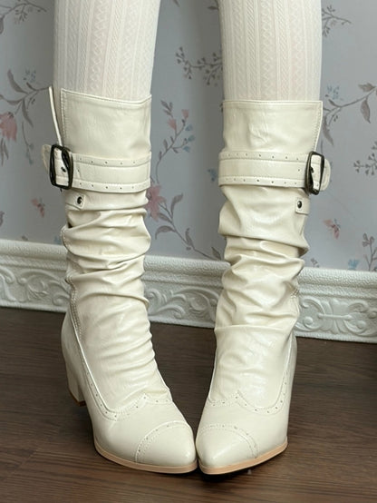 with Toe Details Design Top Buckle Boots PU Mid-heel Lolita in Elegant Beige Stacked Boot Pointed Foldable