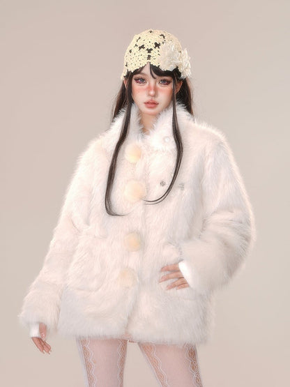 Beige Pink Pompom Detail Faux Fur Coat