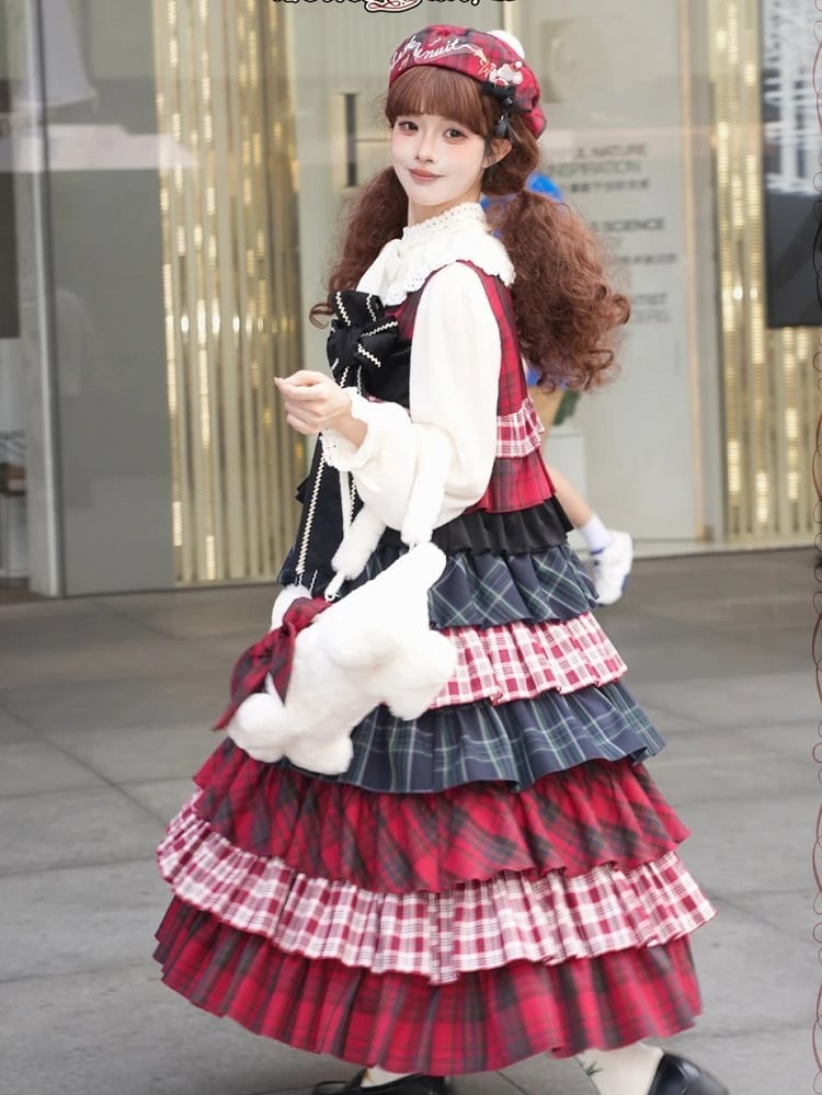 Sweet Lolita Red and Black Plaid Patchwork Long Layered JSK Gown with Bowknot Brooch - iris de nuit