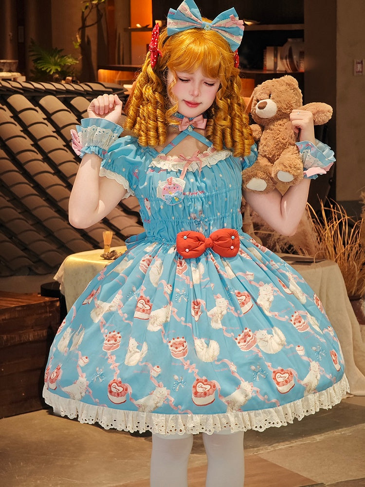 伸縮性のあるプリントのキティのスモックブルーのリボンのボディスロリータとピーススイートワン