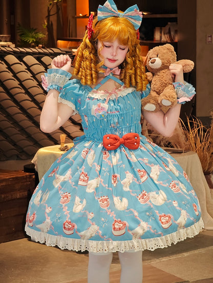 伸縮性のあるプリントのキティのスモックブルーのリボンのボディスロリータとピーススイートワン