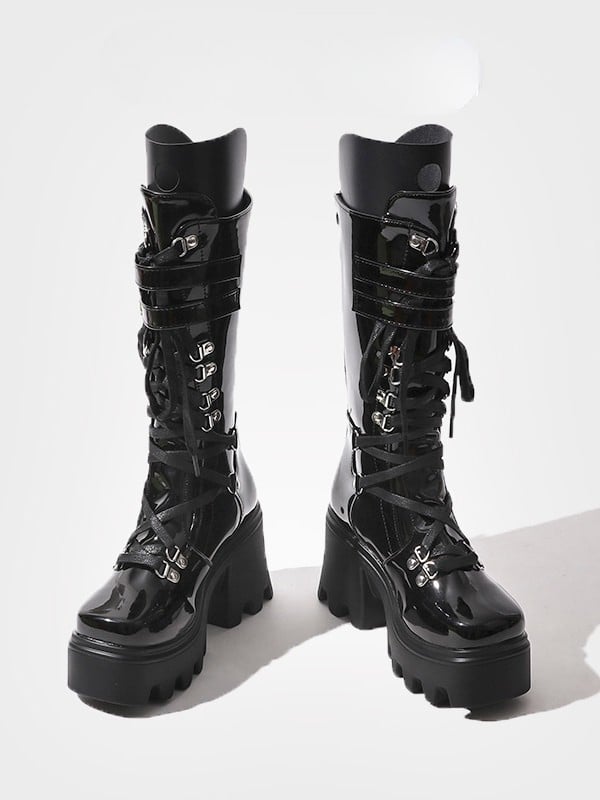 Black Mid-Calf Lace-Up Tongue - Straps Boots Gothic with Design Buckle Chunky Cutout Circle