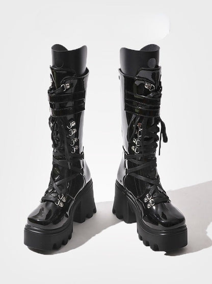 Black Mid-Calf Lace-Up Tongue - Straps Boots Gothic with Design Buckle Chunky Cutout Circle