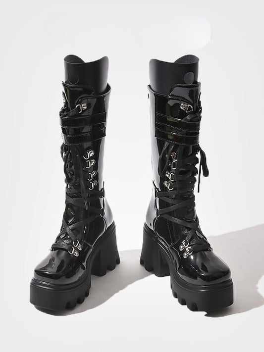 Black Mid-Calf Lace-Up Tongue - Straps Boots Gothic with Design Buckle Chunky Cutout Circle