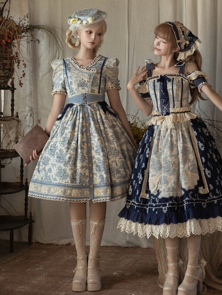 Blue Cabins in the Forest Front Button Placket Skirt Short Sleeves Lolita Dress