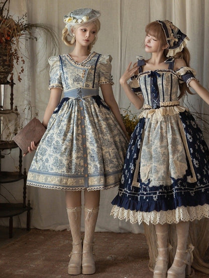 Blue Cabins in the Forest Front Button Placket Skirt Short Sleeves Lolita Dress