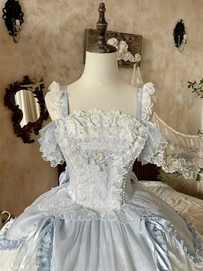 Blue White Layered Drawstring Princess JSK Bow Train Dress - Iris fleur