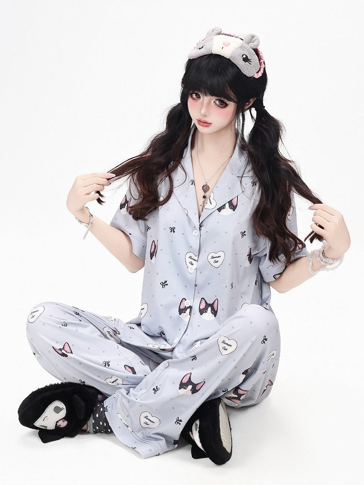 Otaku-Style Grey Lounge Wear Set: Kitten Print Short-Sleeve Top + Matching Pants - CRAZY GIRL