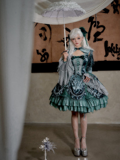 Green Detachable Long Bell Sleeves Snake Bones Embroidery Velvet Top