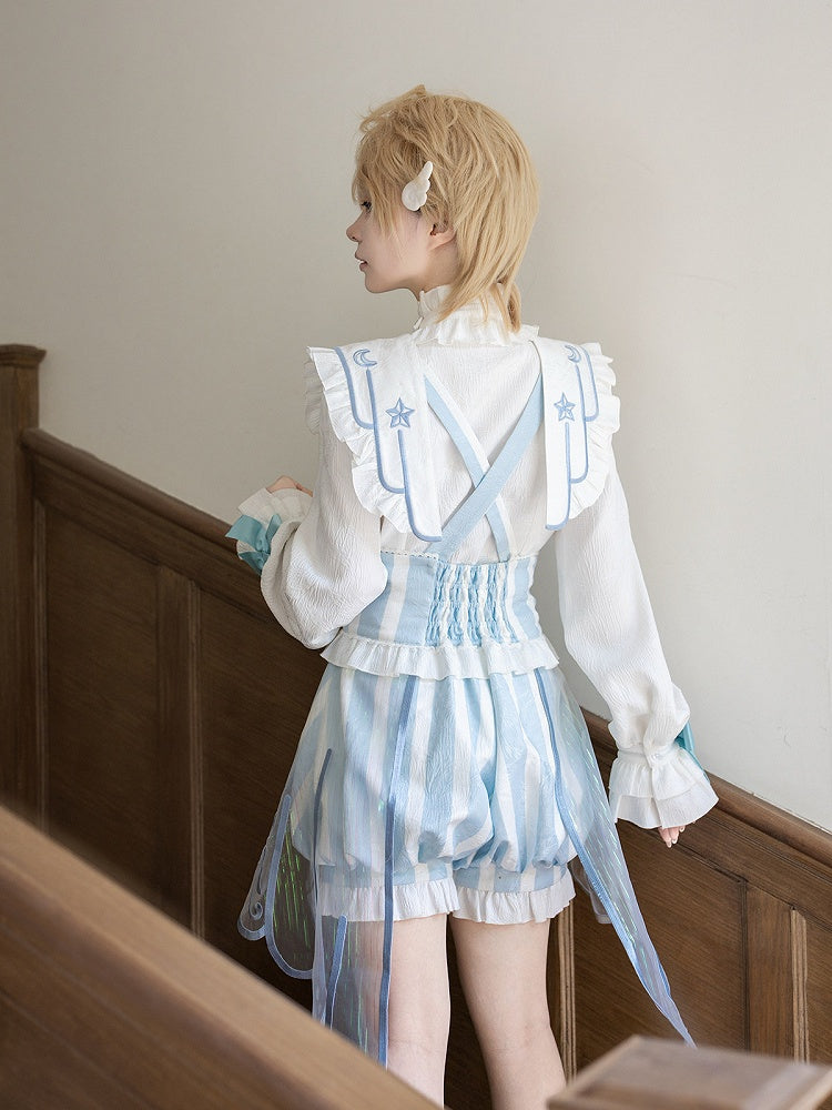 White & Blue Long Sleeves Banded Collar Ouji Style Lolita Shirt with Bow Details - Unknown Star