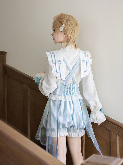 White & Blue Star Moon Embroidery Striped Lolita Suspender Bloomer Shorts with Angel Wing Train - Unknown Star