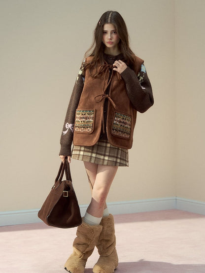 Brown Vintage with Double-Sided Bow Vest Design Pattern Fur Tie