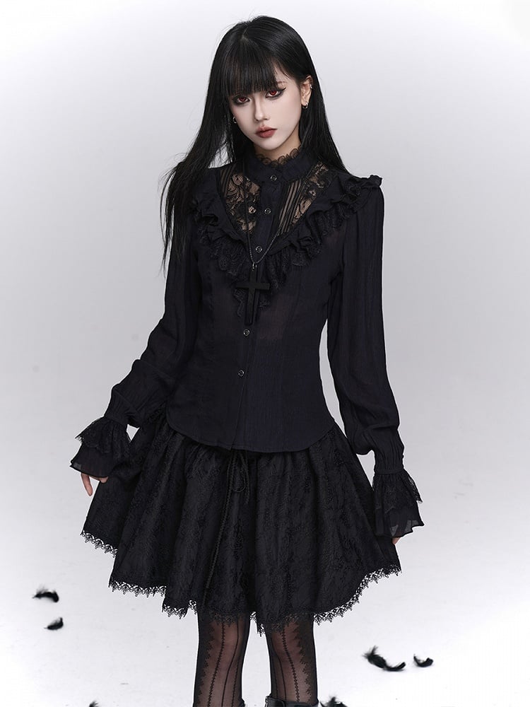 Long Cuffed Lace with Blouse Floral Gothic Embroidery Cutout Black Sleeves Sleeve