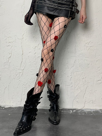 Tights Floral Black Fishnet Details Y2K